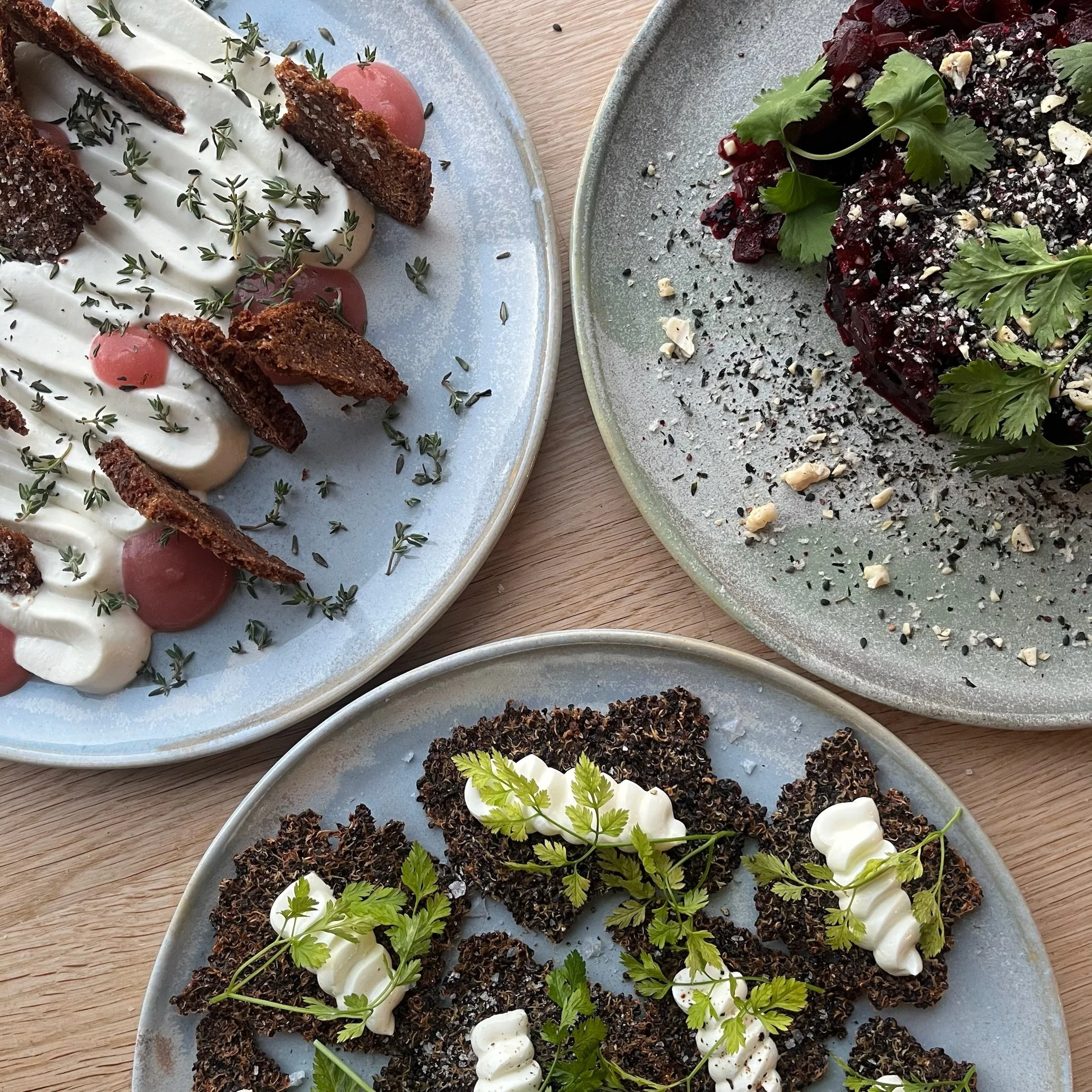 Tre flot anrettet tallerkener med vegetariske forretter til en langbordsmiddag. Der er blandt andet ricotta-creme, rugbrødschips og rødbedetatar 