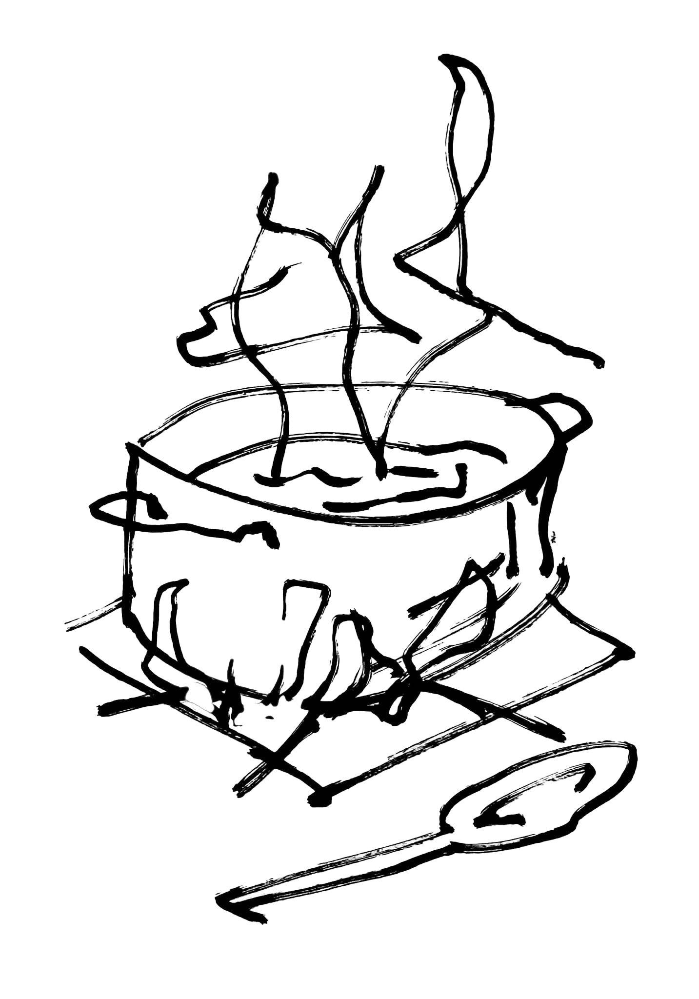 En tegning af en gryde i kog med en ske ved siden af.