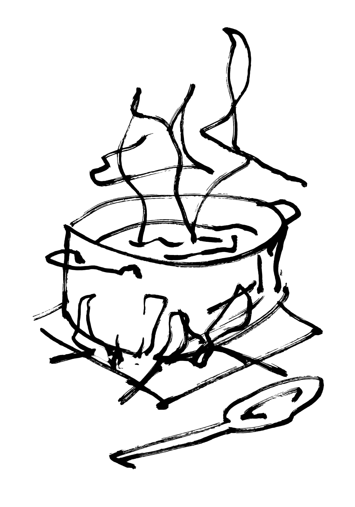 En tegning af en gryde i kog med en ske ved siden af.