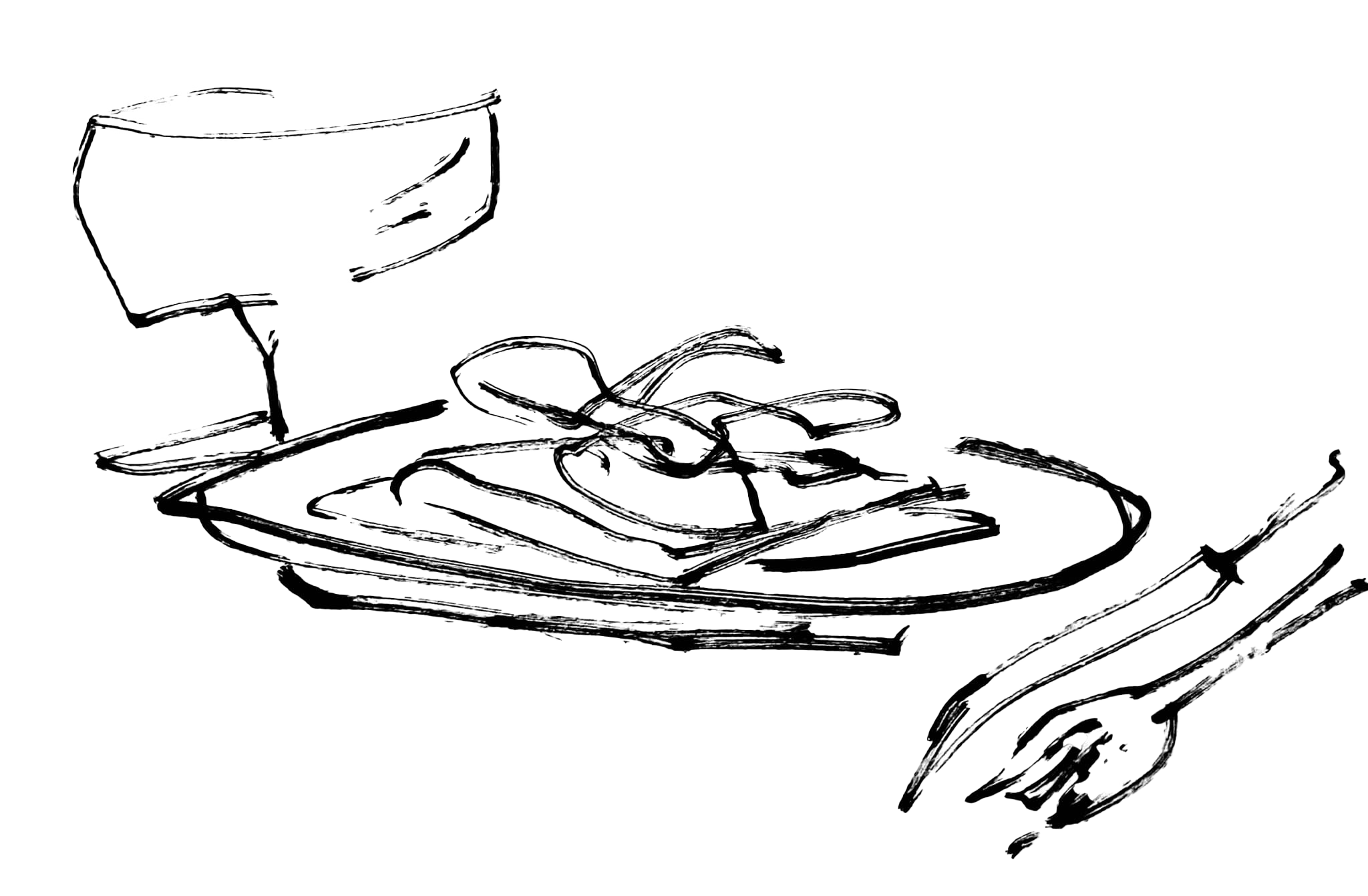 Stregtegning af en tallerken med mad, et glas vin og en gaffel på et bord.