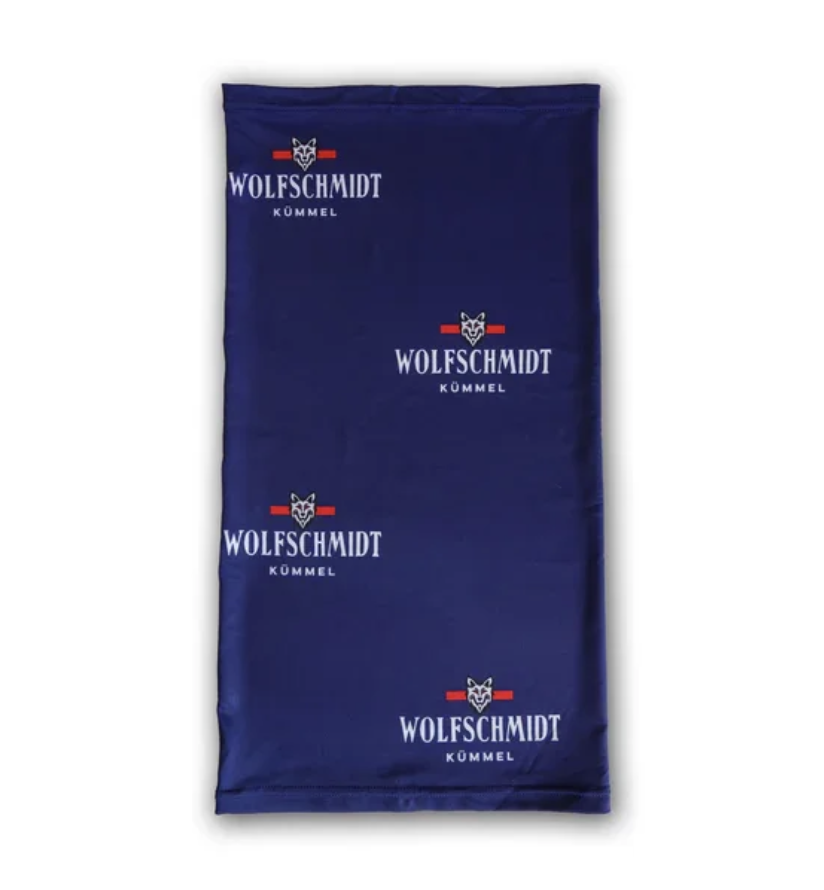 A dark blue snood with the brand logo and name 'WOLFSCHMIDT KÜMMEL' repeated across the front.
