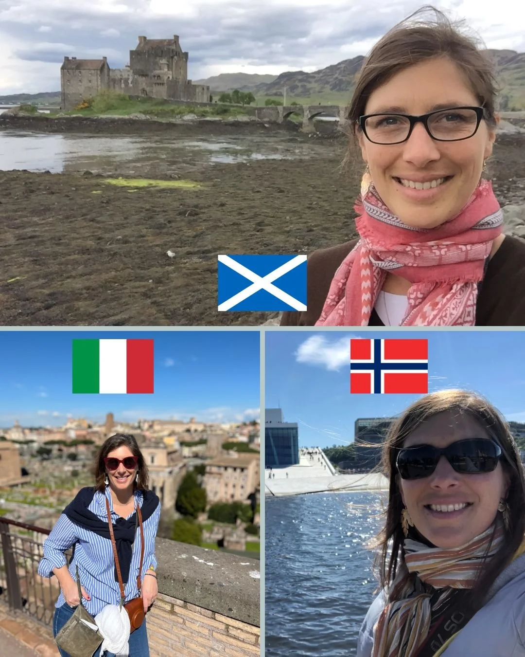 Quelle sera votre préférence entre une escale créative en Italie, en Ecosse ou en Norvège ? Votez ! La photo montre Julie de Hults, la fondatrice de Passeport pour Soi, dans ces 3 endroits emblématiques d'Europe