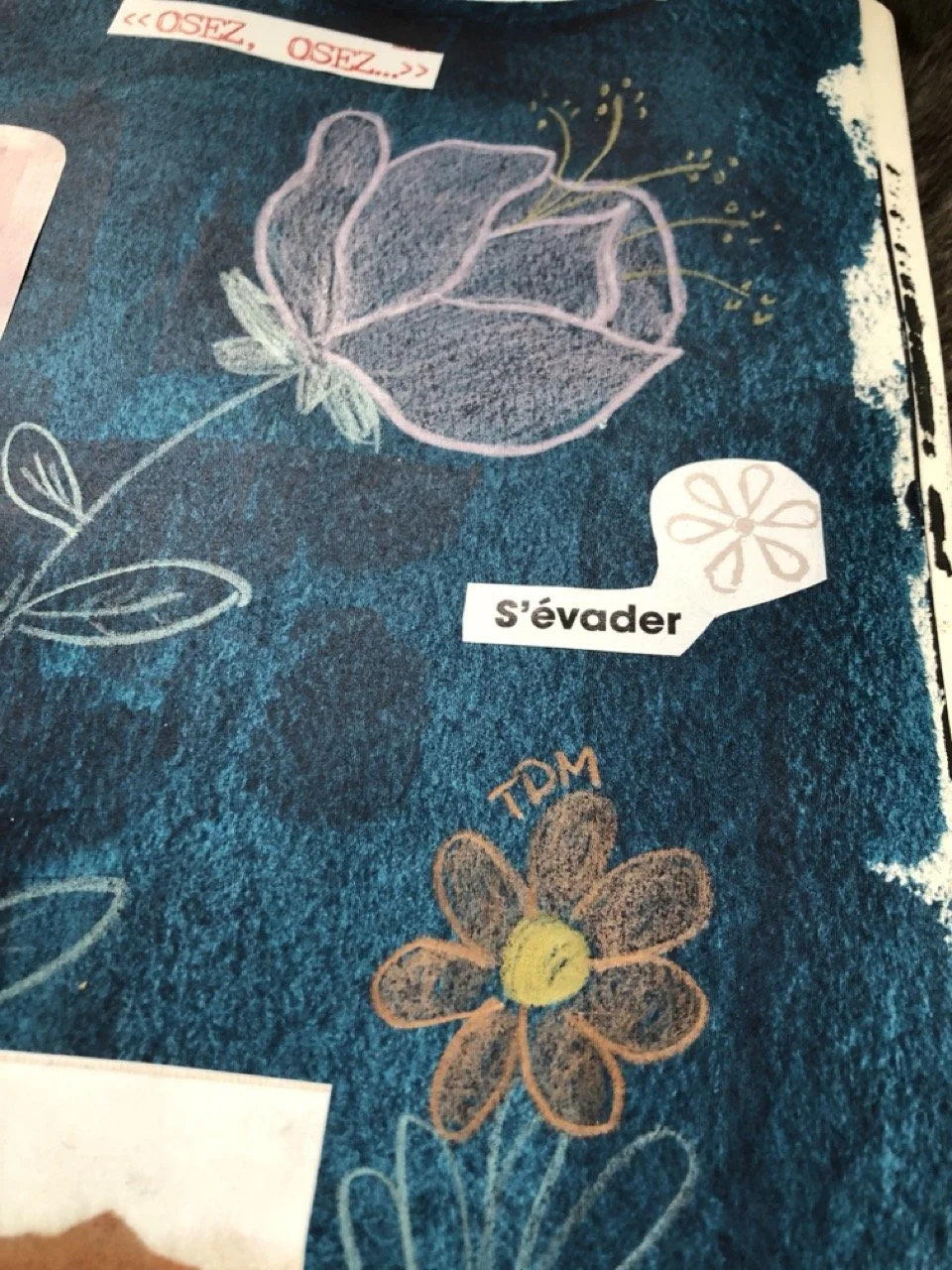 Dessin d'une fleur avec un cœur au centre, saturnisé sur un fond bleu foncé, avec des mots en français comme « S'évader » et « OSEZ »