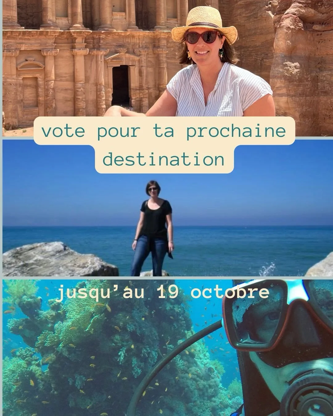 🇪🇬 &Eacute;gypte, 🇲🇦 Maroc ou 🇯🇴 Jordanie ? Tu as jusqu&rsquo;au lundi 19 octobre pour voter pour ta prochaine destination de voyage cr&eacute;atif. ✈️

Chaque mois, dans le tour du monde encore plus cr&eacute;atif, c&rsquo;est toi qui choisis 