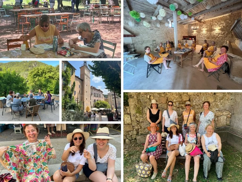 Retraite créative en Provence verte - personnes qui font du journal créatif dans la nature, ateliers de cyanotype, marchés provencaux et tour de l'horloge de Cotignac