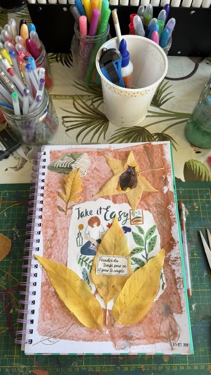 page de journal créatif - écriture dessin et collage sur le thème de l'automne - tutoriel