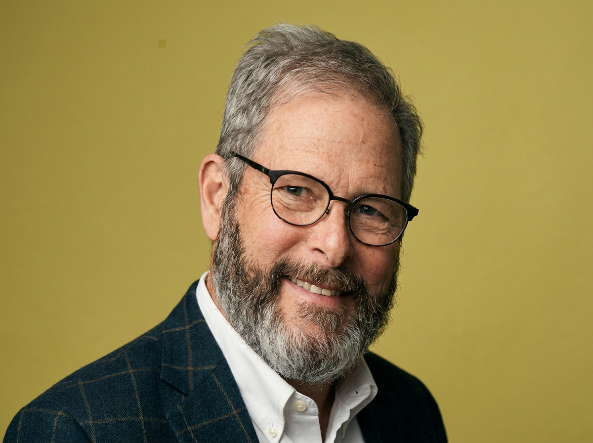 A middle-aged man with gray hair, beard, and glasses smiling, wearing a dark blazer and white shirt, against a yellow background.