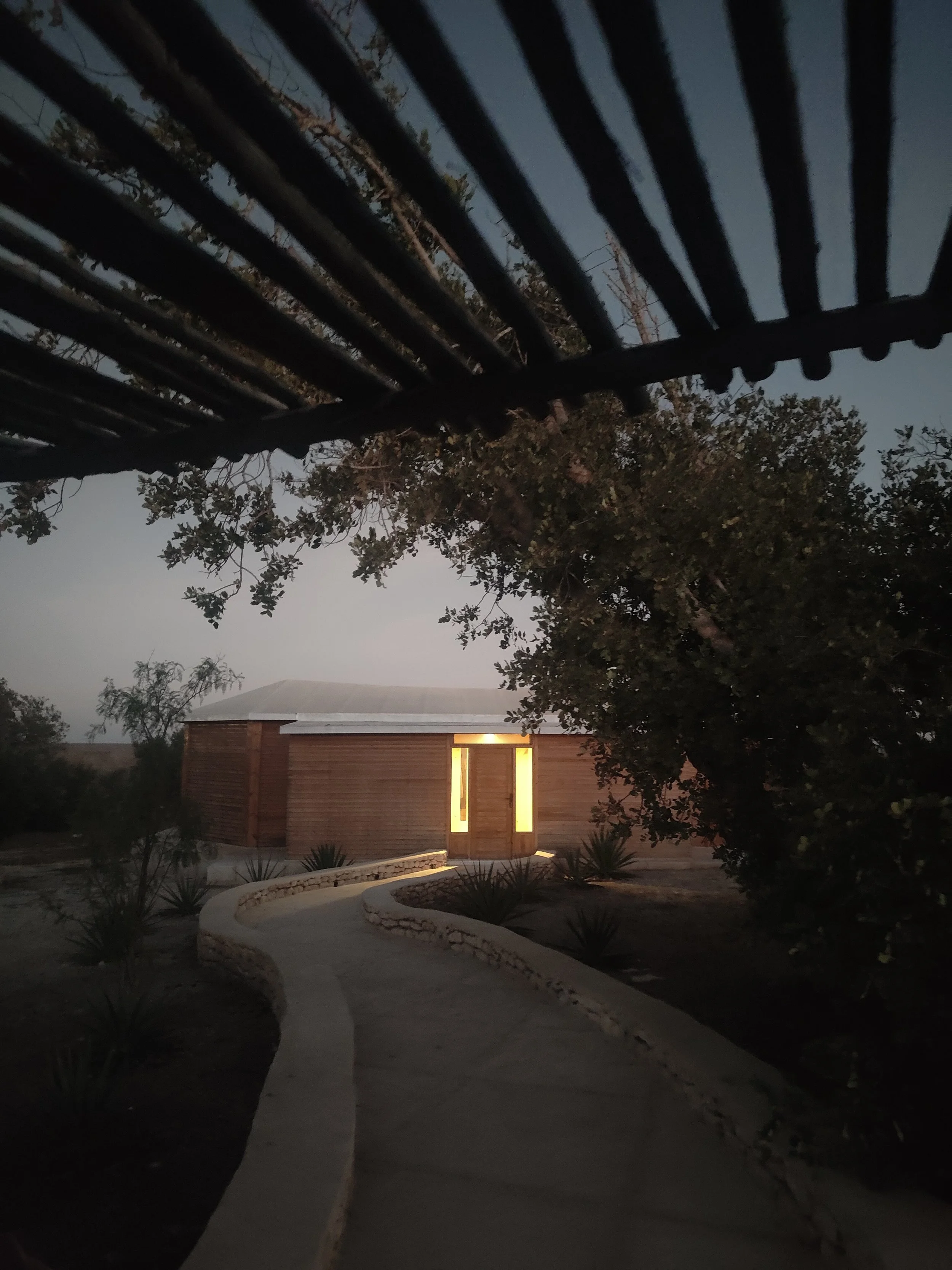 A wooden house with illuminated interior windows, a winding concrete pathway leading to the door, and surrounding desert plants under a twilight sky, viewed from beneath a metal fence or grate.