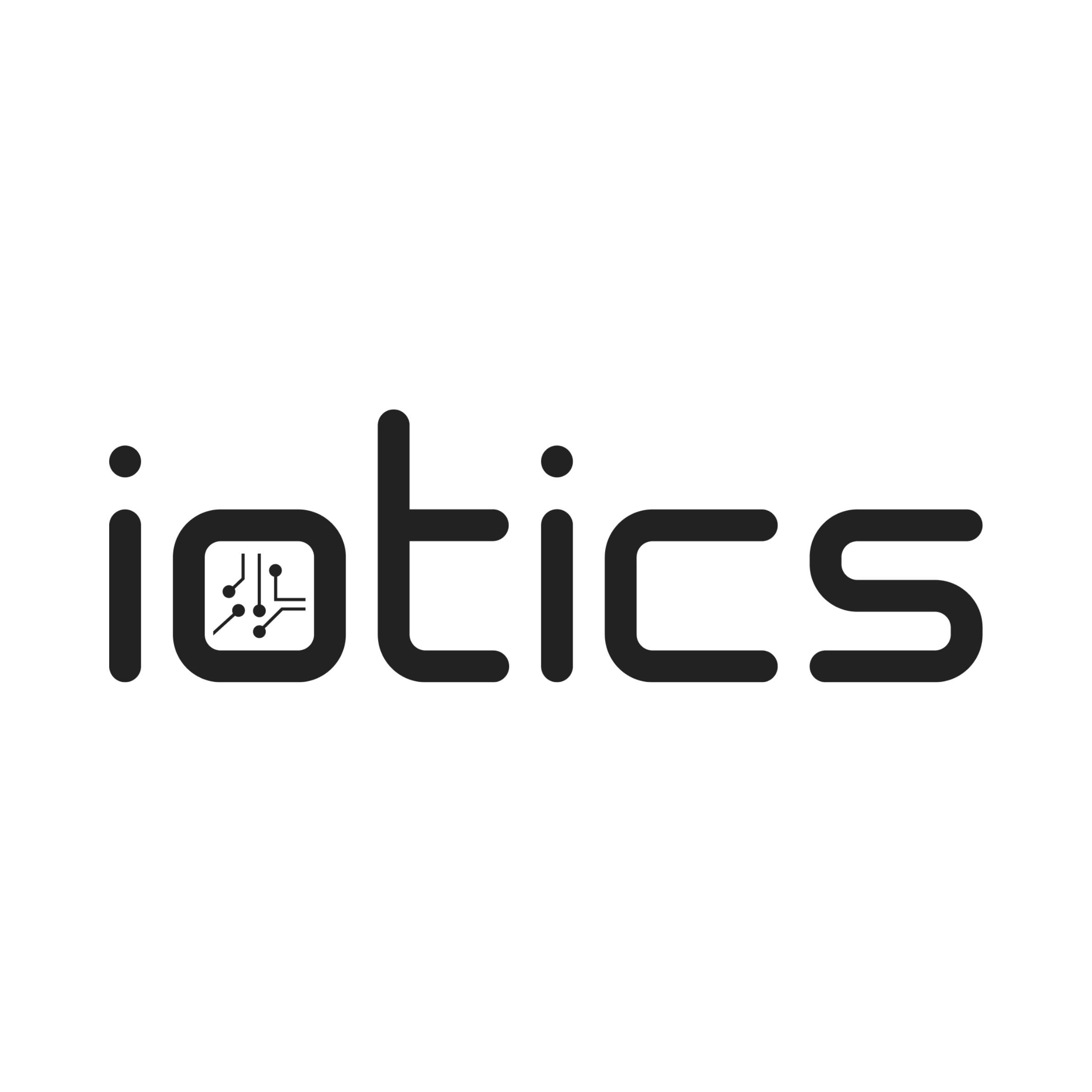 The word 'iotics' in black lowercase letters with a stylized 'o' resembling a circuit board.