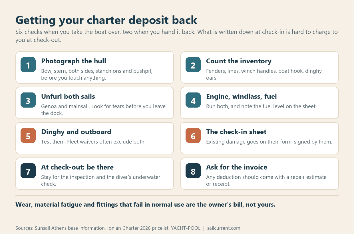 Checklist card of what to inspect when taking over and returning a charter yacht so the security deposit is refunded: hull photos, inventory, sails, engine and windlass, dinghy, check-in sheet, underwater check and repair invoice.