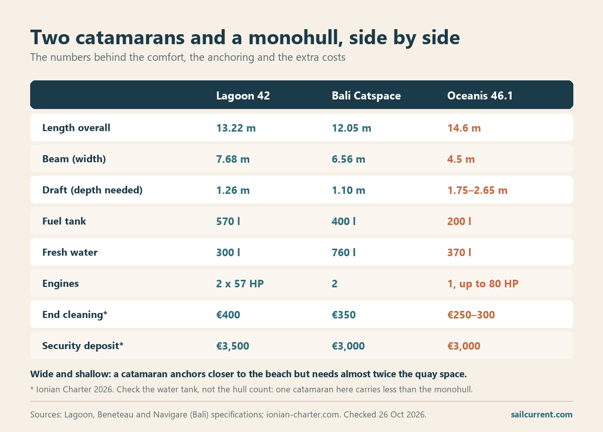 Comparison card of the Lagoon 42 and Bali Catspace catamarans and the Oceanis 46.1 monohull: length, beam of 7.68, 6.56 and 4.5 metres, draft of 1.26, 1.10 and 1.75 to 2.65 metres, fuel and water tanks, engines, end cleaning and security deposit.