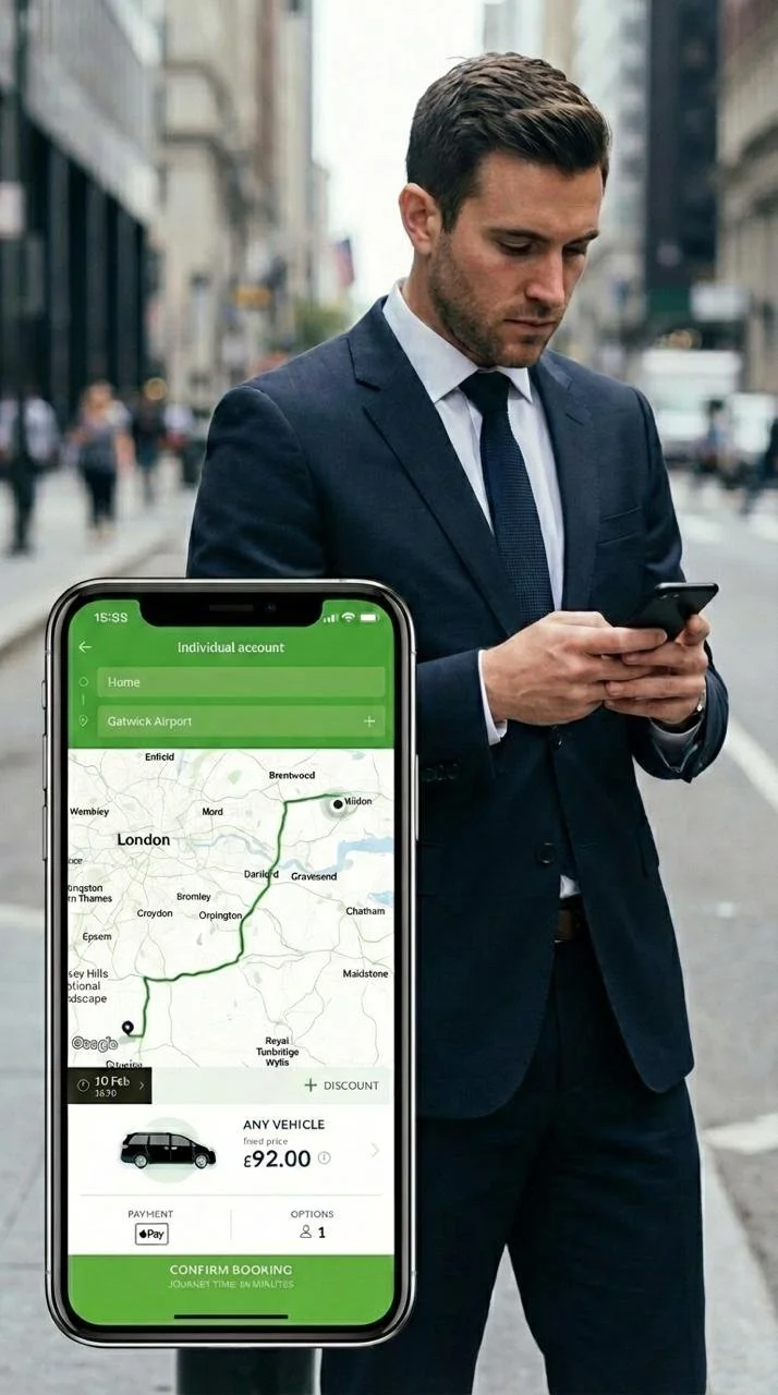 A man in a navy suit looking at his smartphone with a ride-sharing app open, showing a map, pickup, and drop-off locations in London, with fare details and payment options.