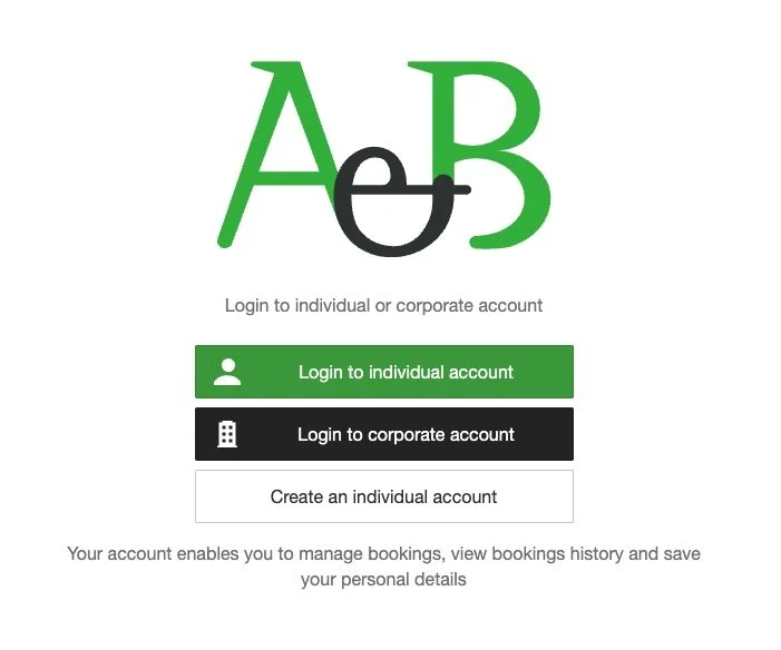 Login screen for a booking management website with options for individual and corporate accounts, featuring a logo with large green and black letters 'A' and 'B', and buttons for logging in or creating an account.