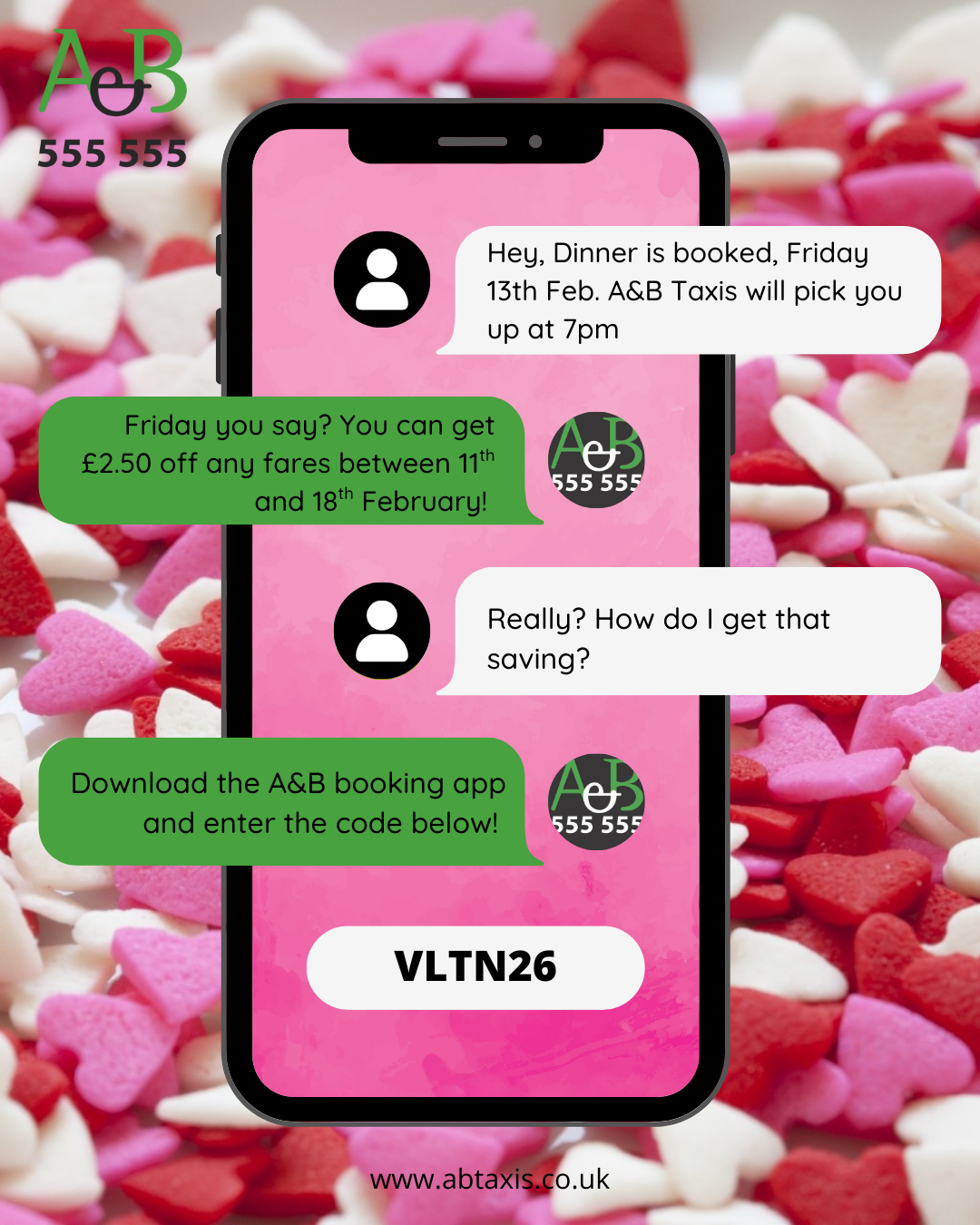 Illustration of a mobile phone screen showing a text message conversation with A&B Taxis against a background filled with heart-shaped candies in pink, white, and red.