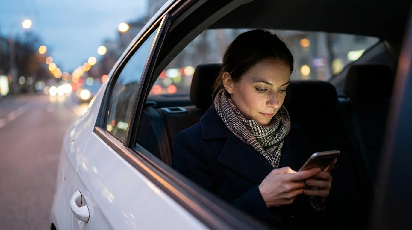 A woman sitting in the backseat of a car at dusk, looking at her phone.