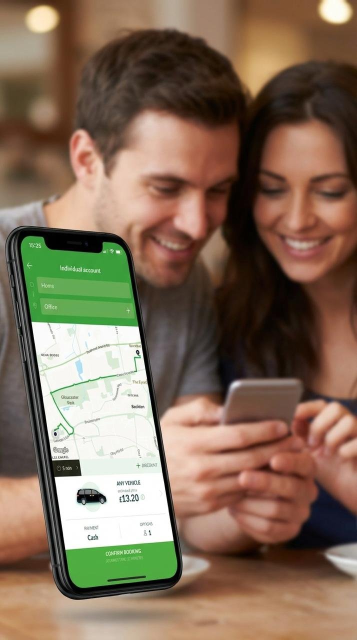 A smiling man and woman look at a smartphone together inside a restaurant, with a ride-sharing app open showing a route and fare estimate.