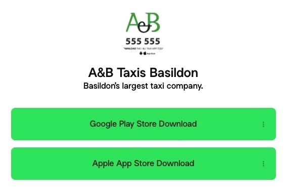Company flyer for A&B Taxis Basildon, featuring logo, contact number, and download options for Google Play and Apple App Store.