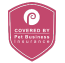 Pet Business Insurance shield logo with pink background and white text