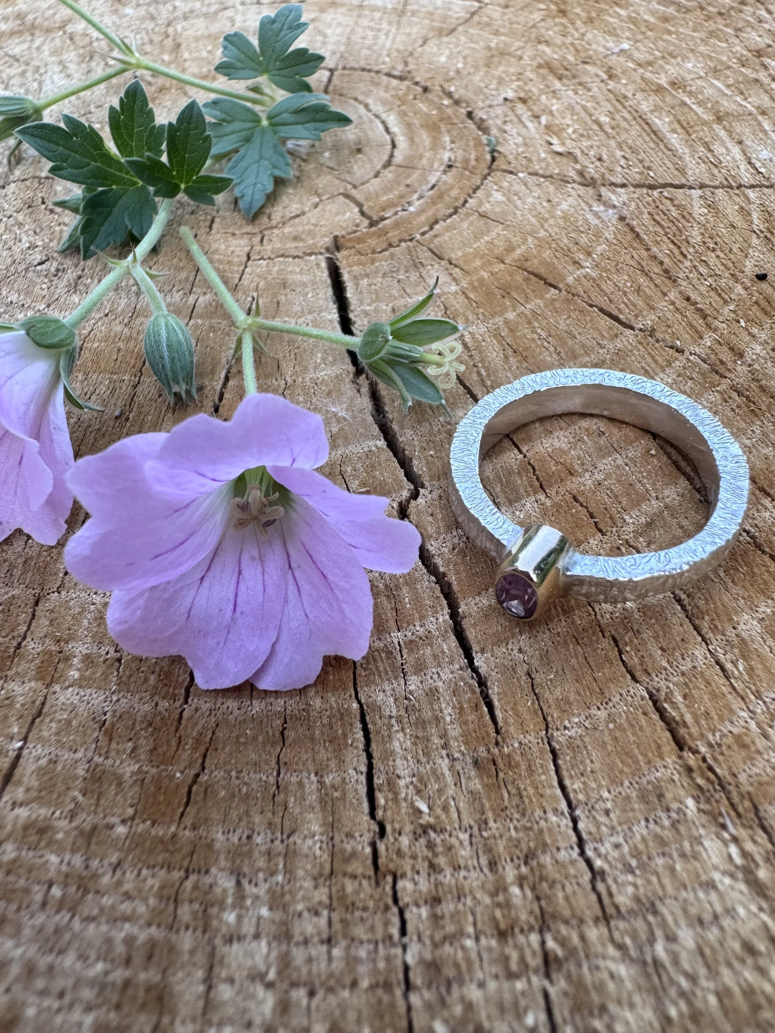 Textured ring gold bezel pink spinel