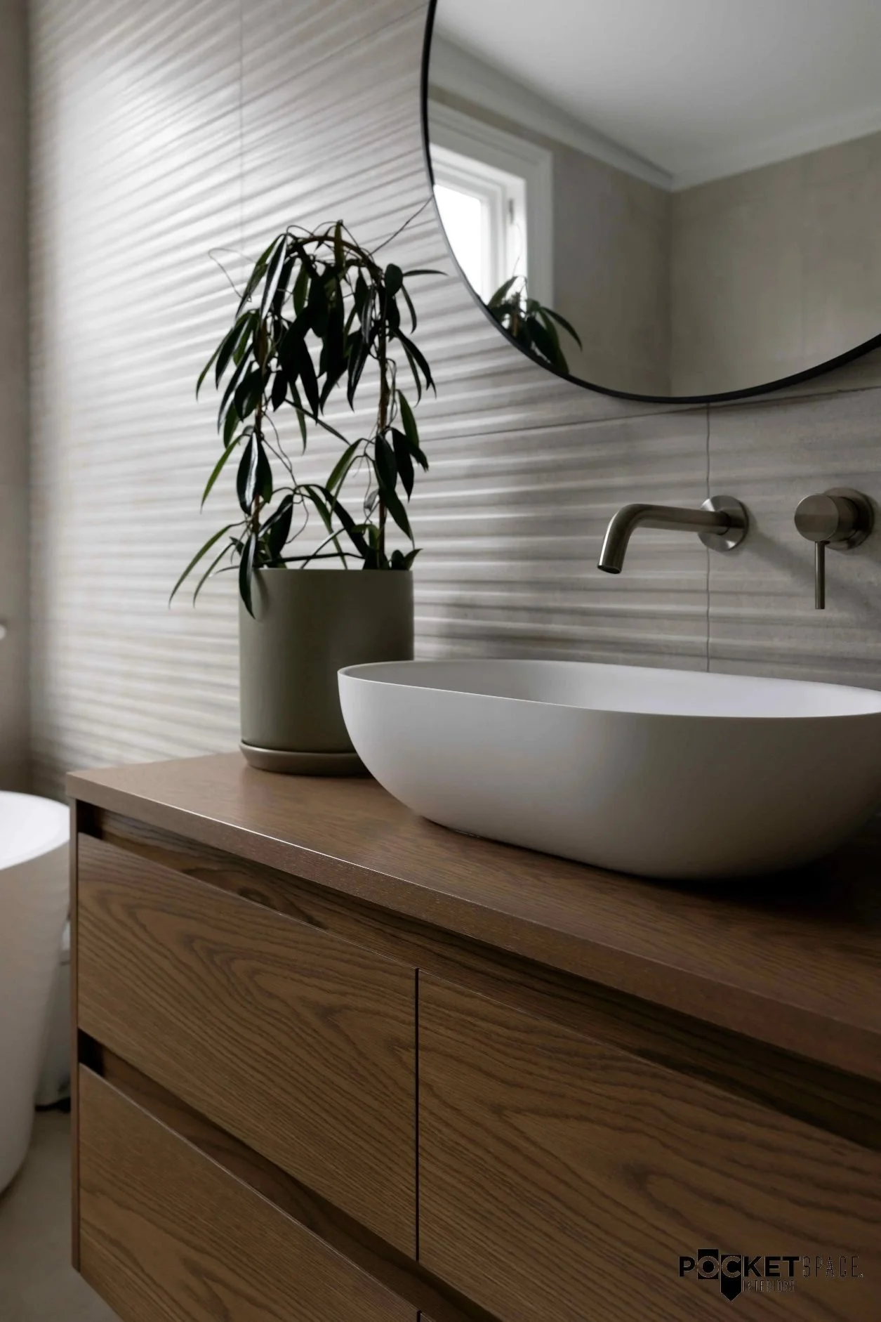 modern villa bathroom with ribbed tiles