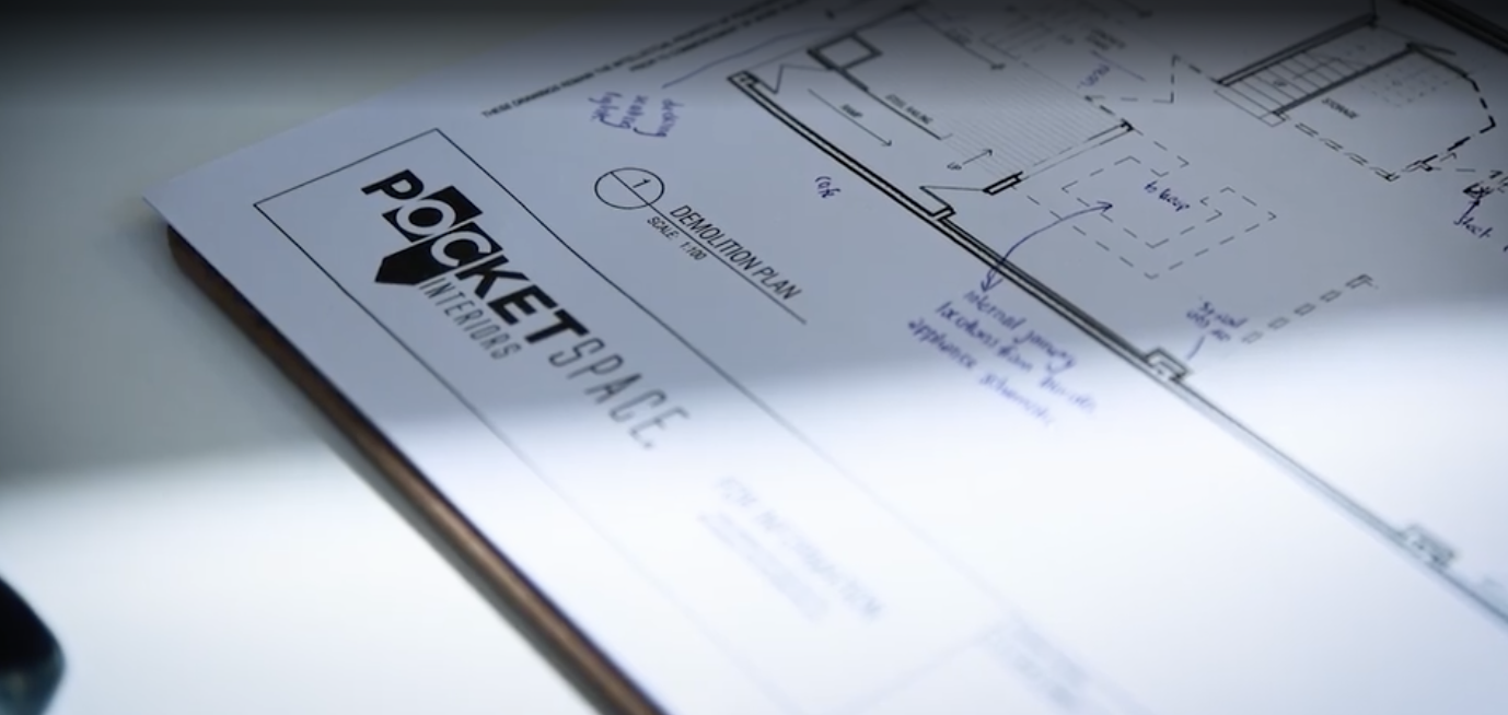 architectural plan set with pocketspace interiors logo
