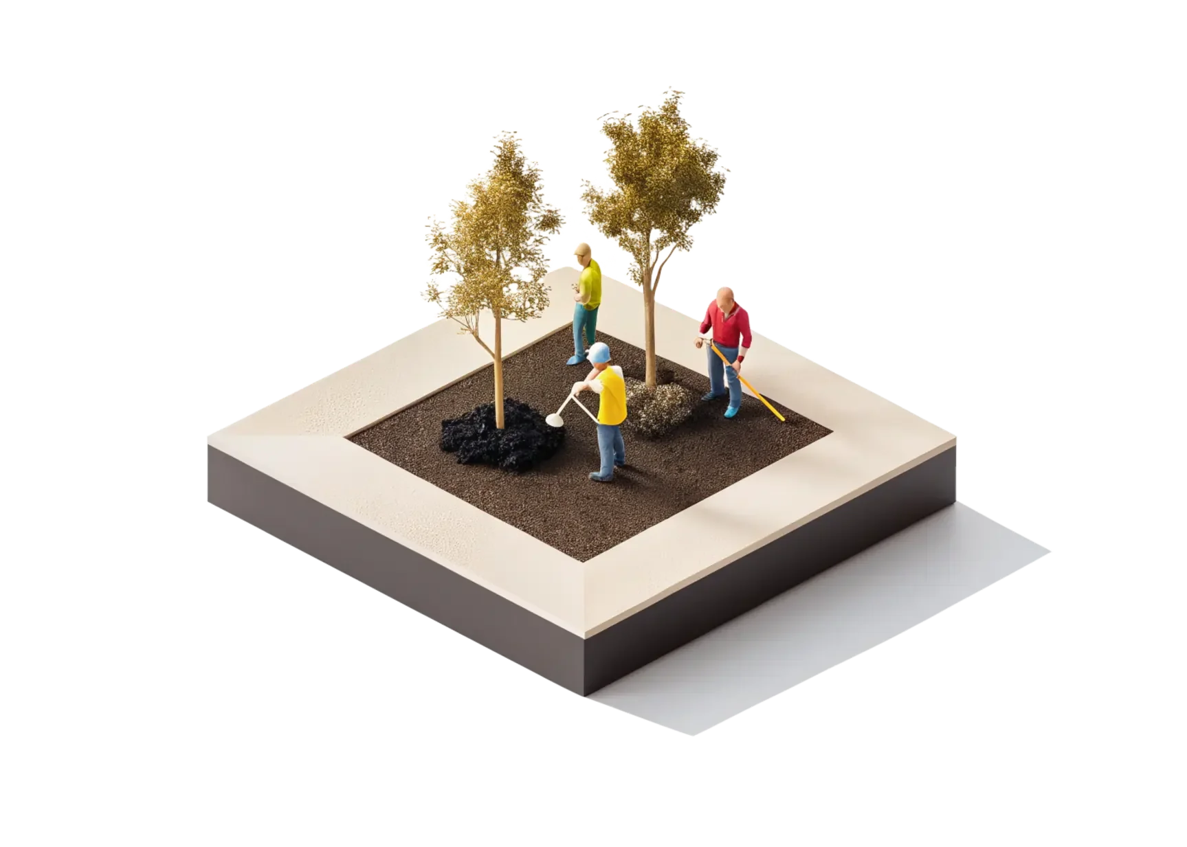 Miniature model of people planting and caring for trees in a garden bed.