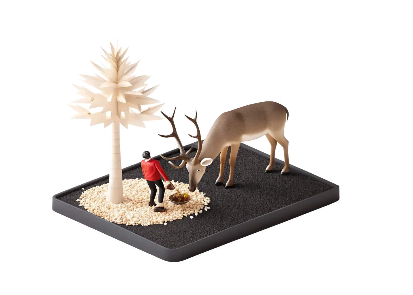 Miniature scene with a beige reindeer figurine, a small figure of a woman in black pants and a red sweater, and a white tree, all on a black platform.