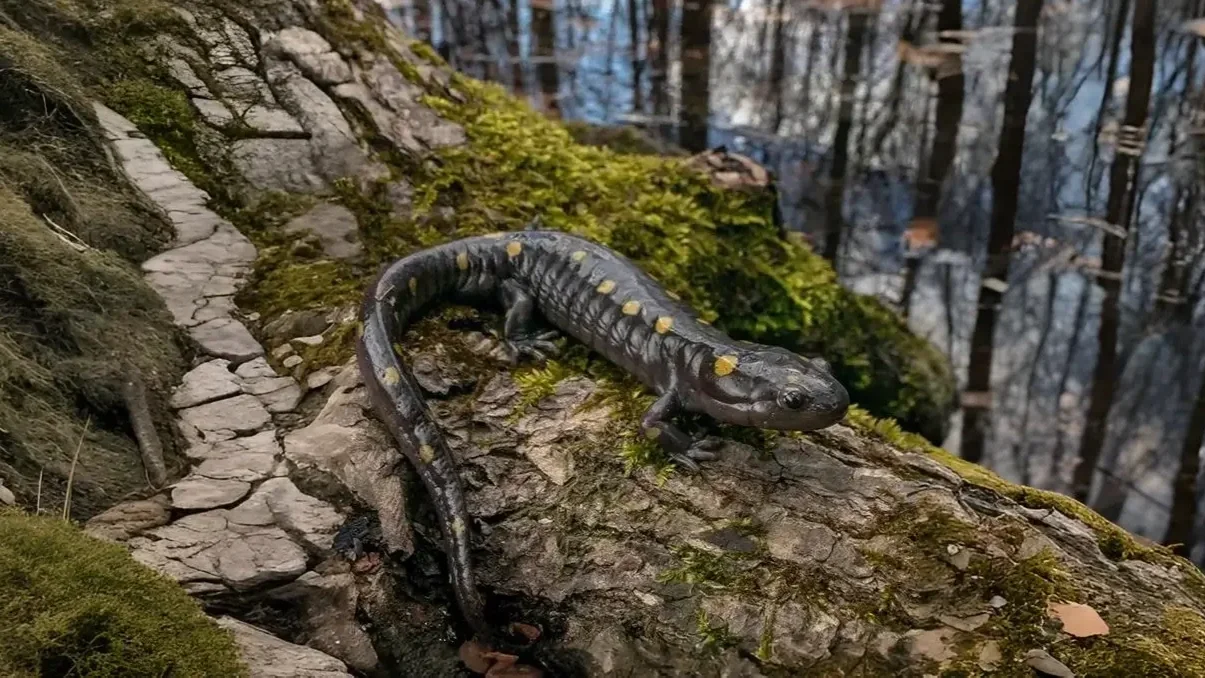 A black salamander with yellow spots on a fallen tree trunk in a forest.