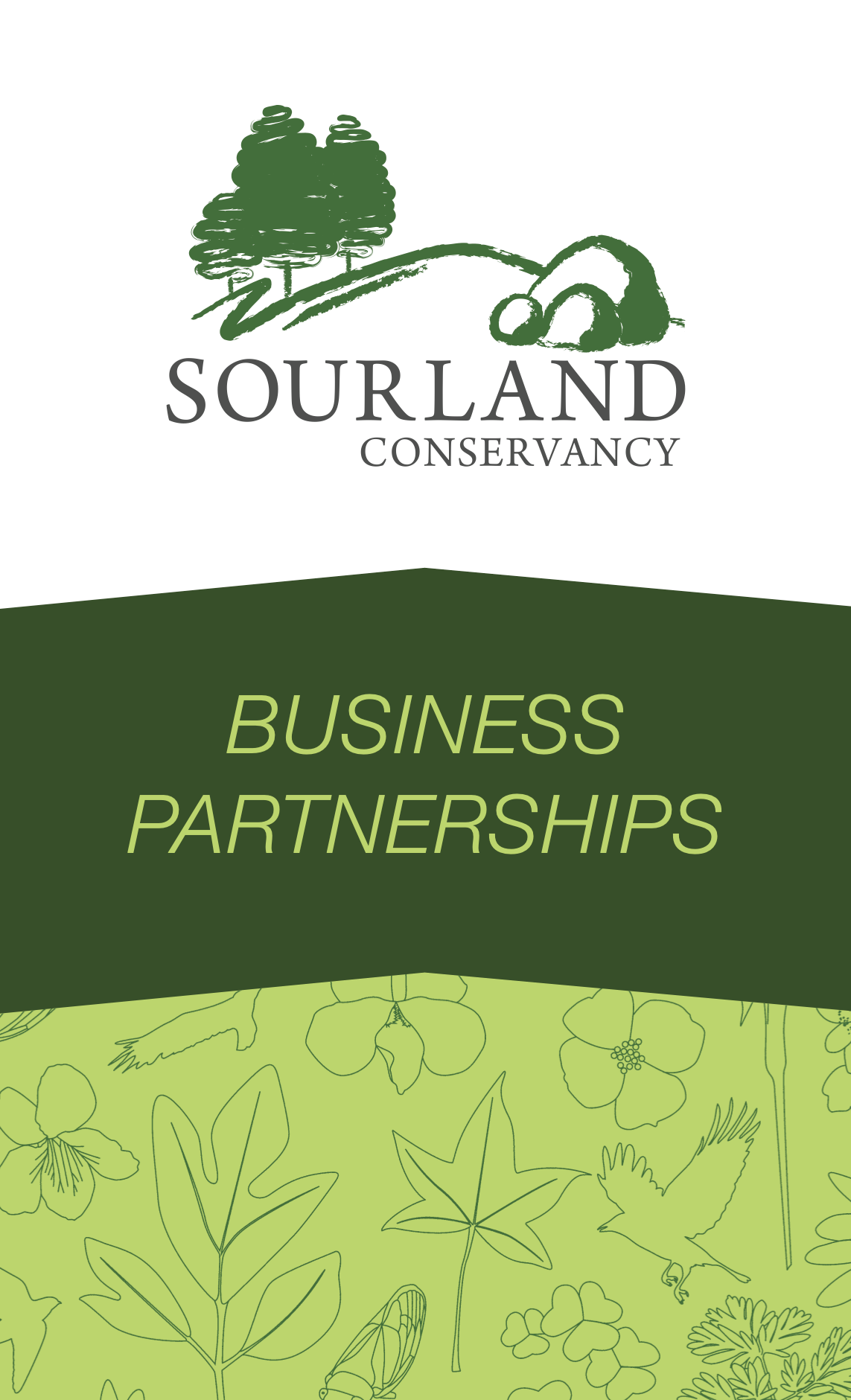 Sourland Conservancy logo with trees and a rock, and text about business partnerships on a nature-themed background.