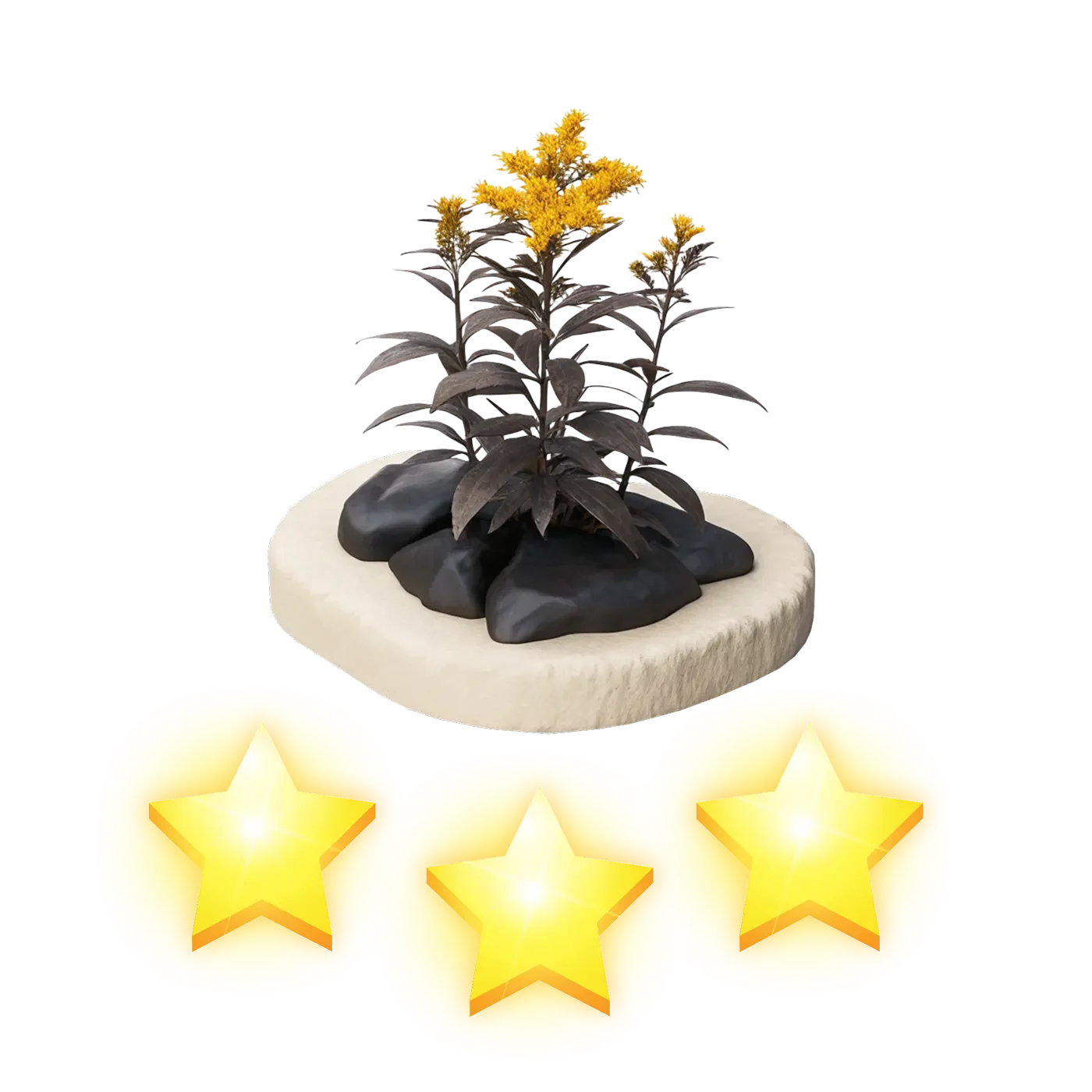 Decorative plant in a stone garden with three glowing stars below