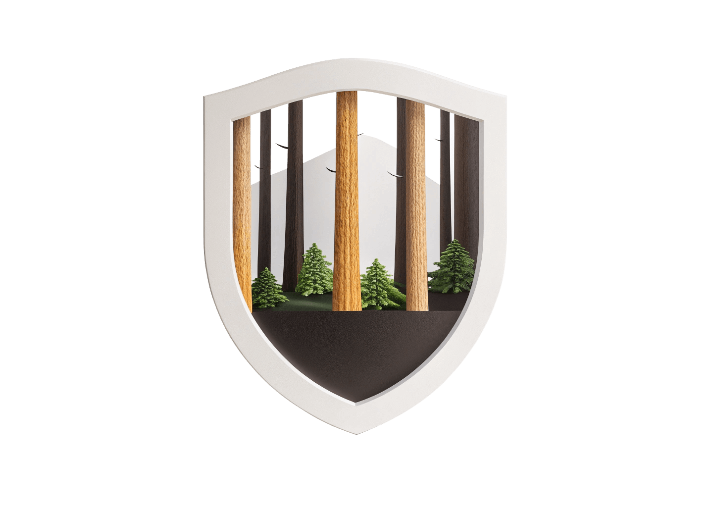A 3D artistic illustration of a shield with a forest scene inside, showing tall trees and green shrubs, symbolizing protection and nature.