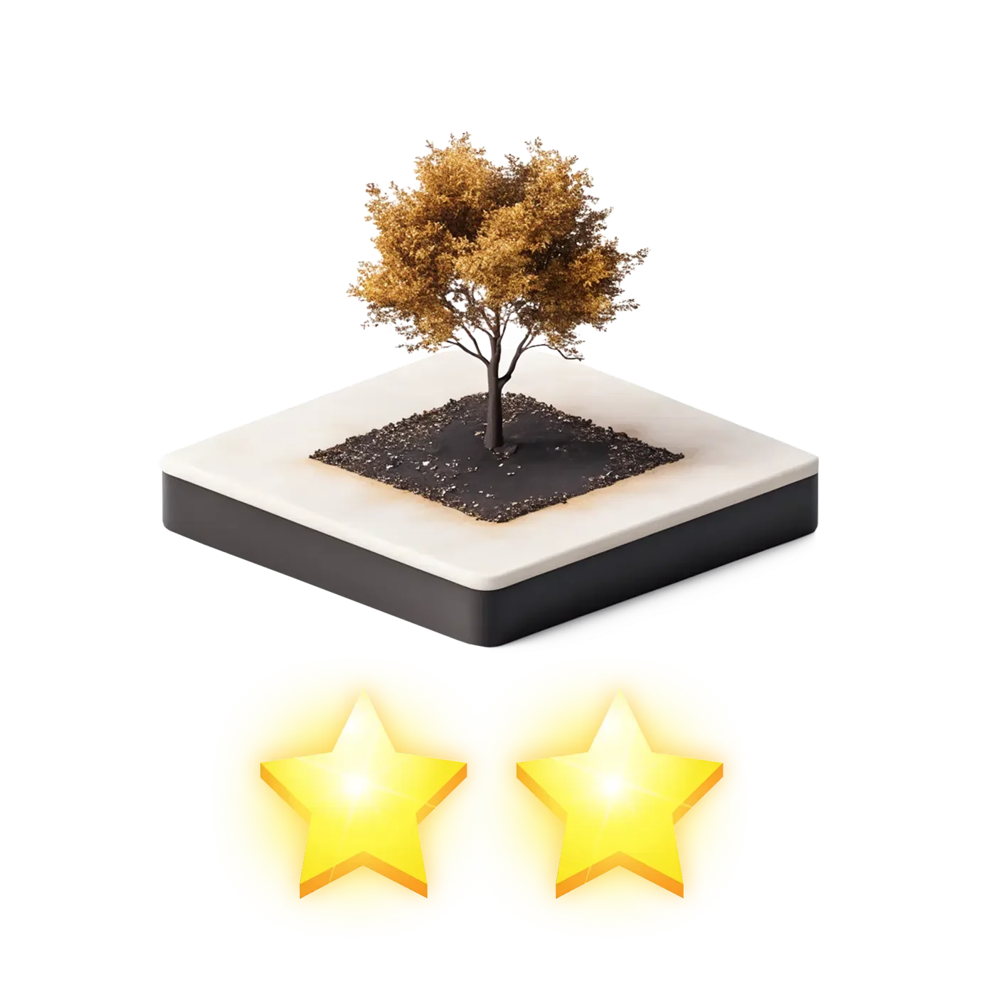 Miniature tree on a square base with soil, and two yellow glowing star icons below.