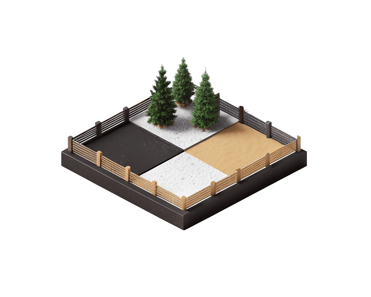 Toy miniature model of a fenced yard with three evergreen trees, divided into four sections with different surfaces: black asphalt, beige sand, gray gravel, and white snow.