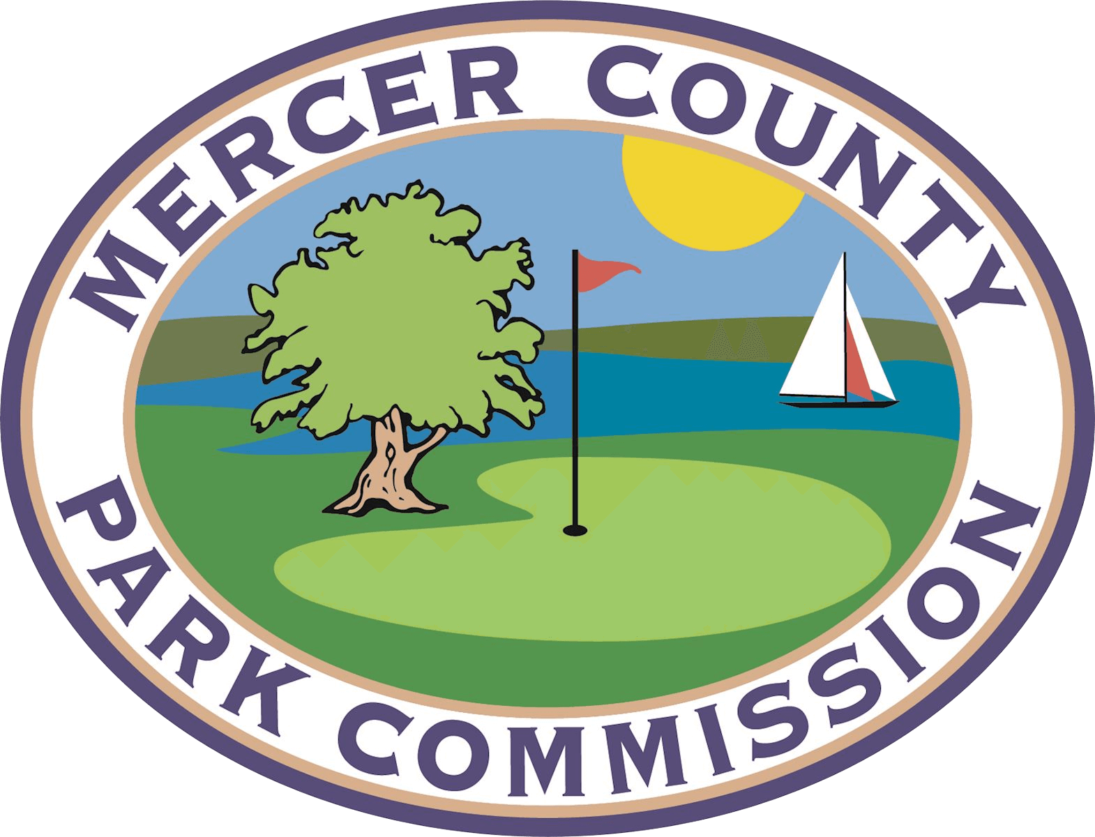 Seal of the Mercer County Park Commission featuring a tree, a golf hole, a pond with a sailboat, a flag, and a sun in the sky.