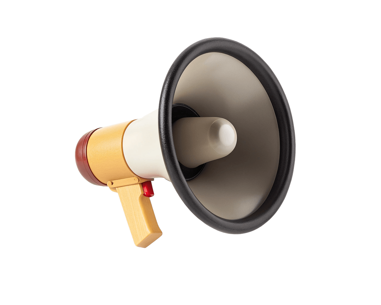 A toy megaphone with a cream-colored body, a wooden handle, and a red button, isolated on a black background.