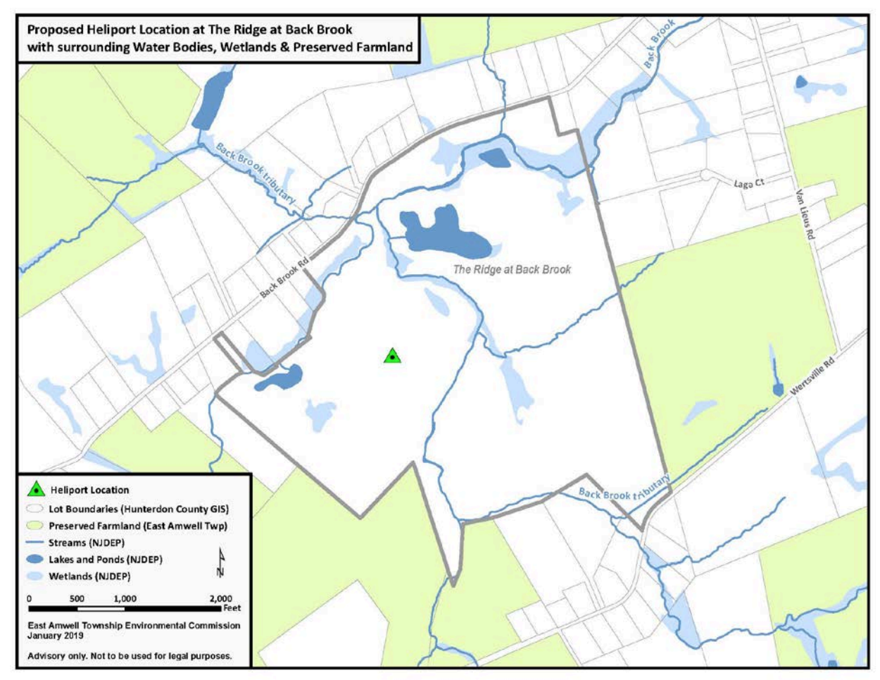 Map showing proposed heliport location at The Ridge at Back Brook in East Amwell Township, with surrounding water bodies, wetlands, and preserved farmland. Includes lot boundaries, streams, lakes, ponds, and wetlands, marked with different colors and symbols.