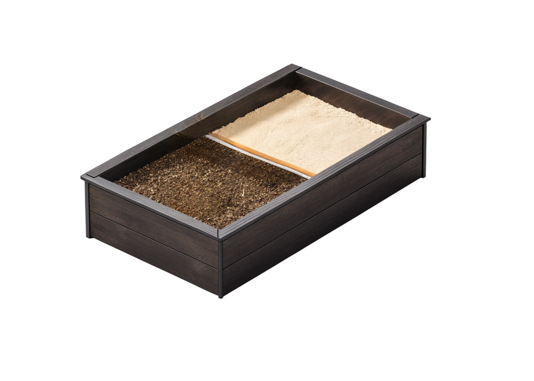 A rectangular wooden tray with two compartments, one filled with light-colored powder and the other with a mixture of small dark and brown grains.