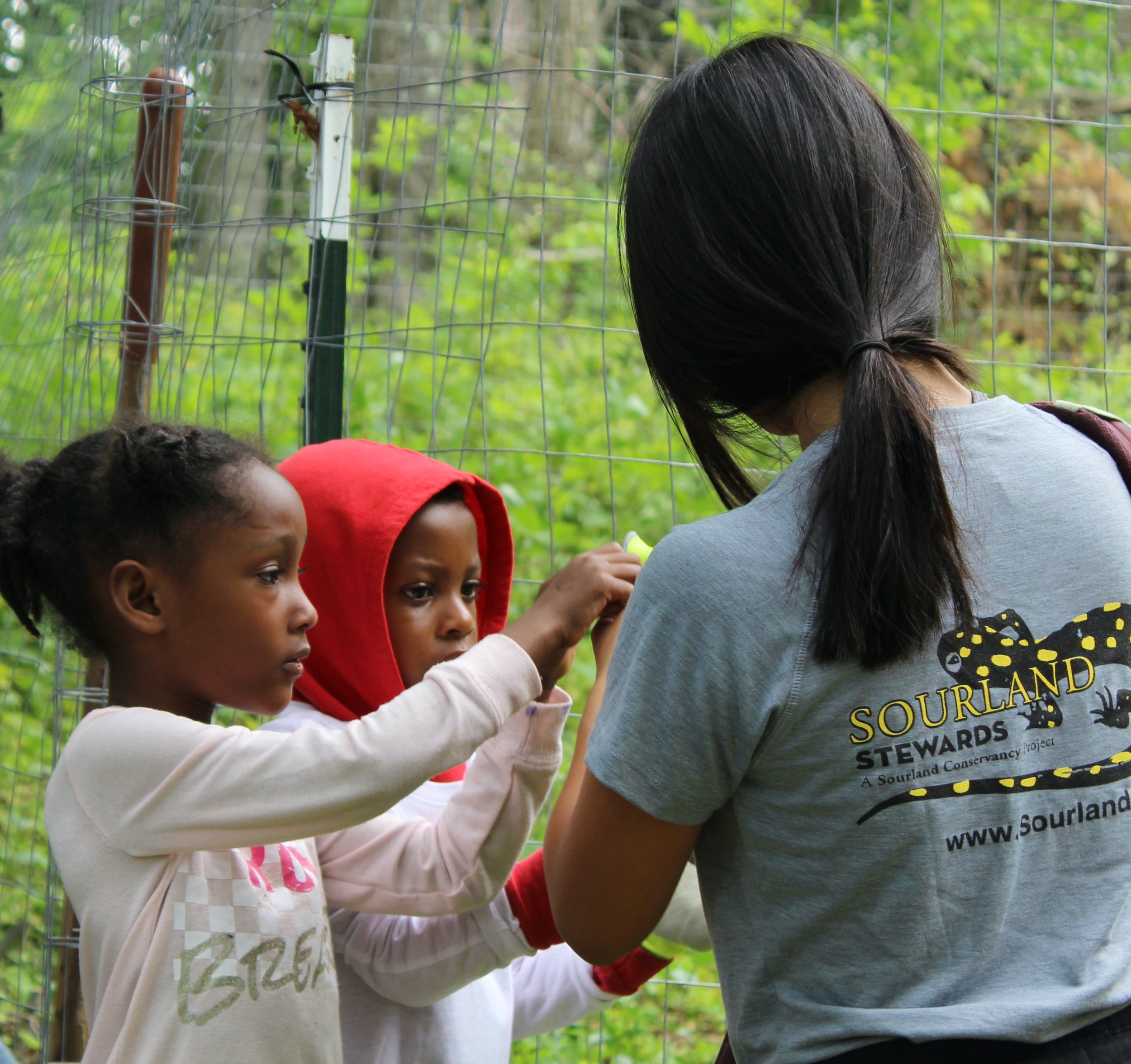 A woman from Sourland Stewards teaching children about wildlife at a nature reserve, with two young girls, one in a red hoodie and the other in a beige shirt, near a wire fence surrounded by green trees.