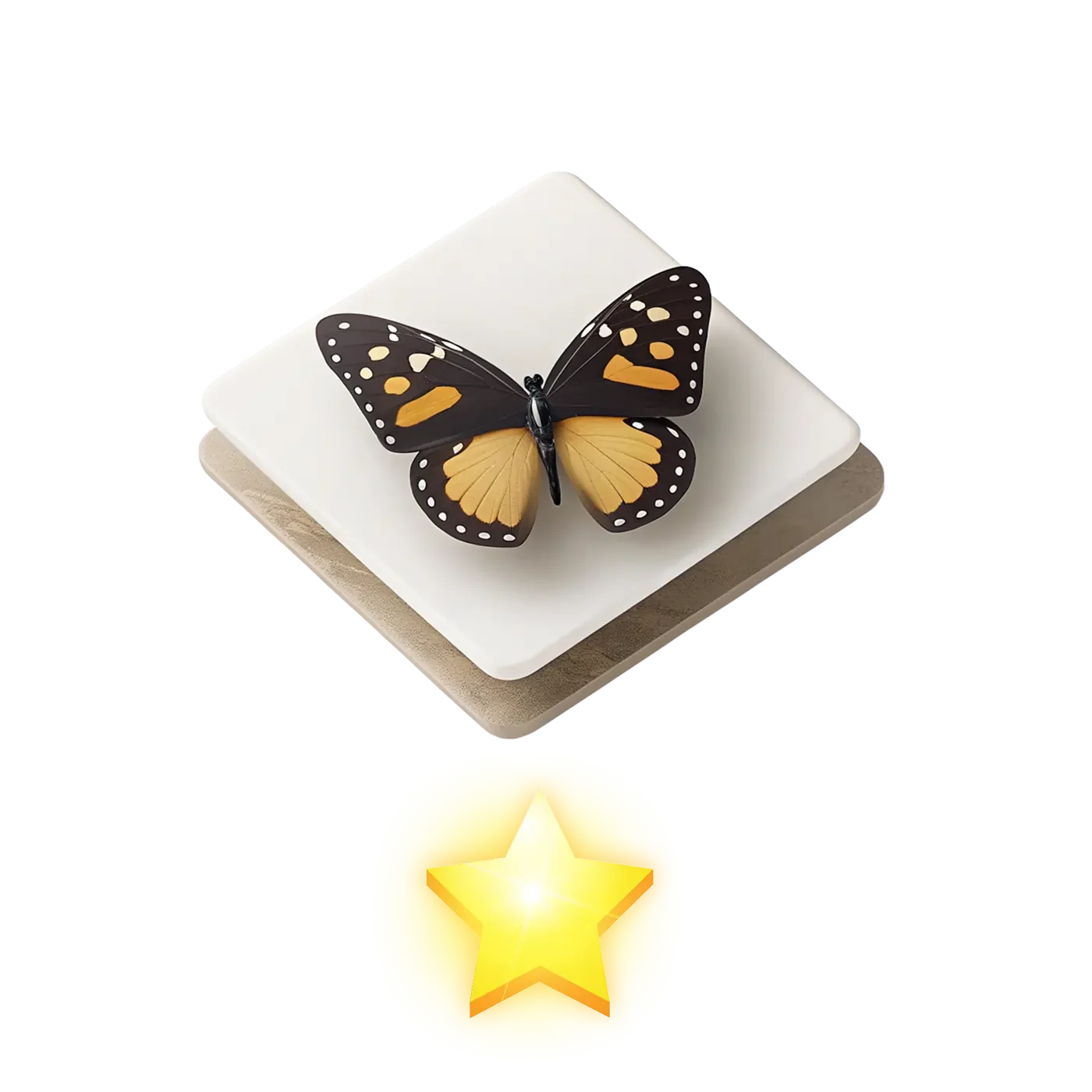 Close-up of a black and yellow butterfly resting on a white square pad with a wooden base, with a glowing yellow star icon below the pad.