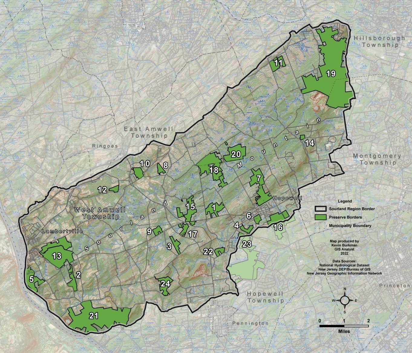 Map of the Sourland region in New Jersey, showing municipality boundaries, preserve borders in green, and numbered regions within the region.