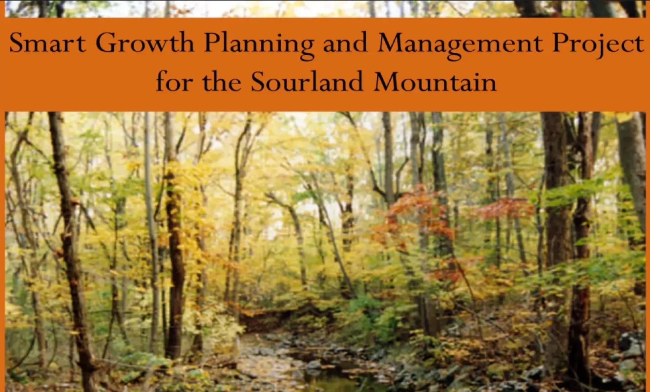 Cover page with a fall forest scene and a river, and an orange banner at the top with black text reading "Smart Growth Planning and Management Project for the Sourland Mountain"