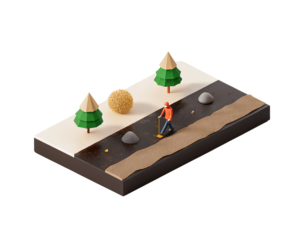 Miniature landscape with trees, rocks, and a small figure of a person walking with a walking stick on a pathway.