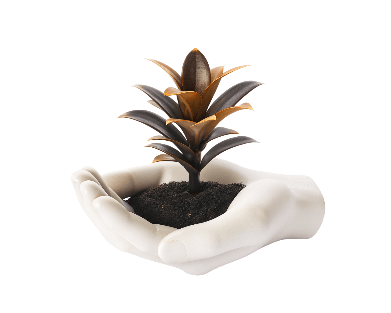 A realistic white ceramic hand holding dark soil with a small, brown-leaved plant growing out of it against a black background.
