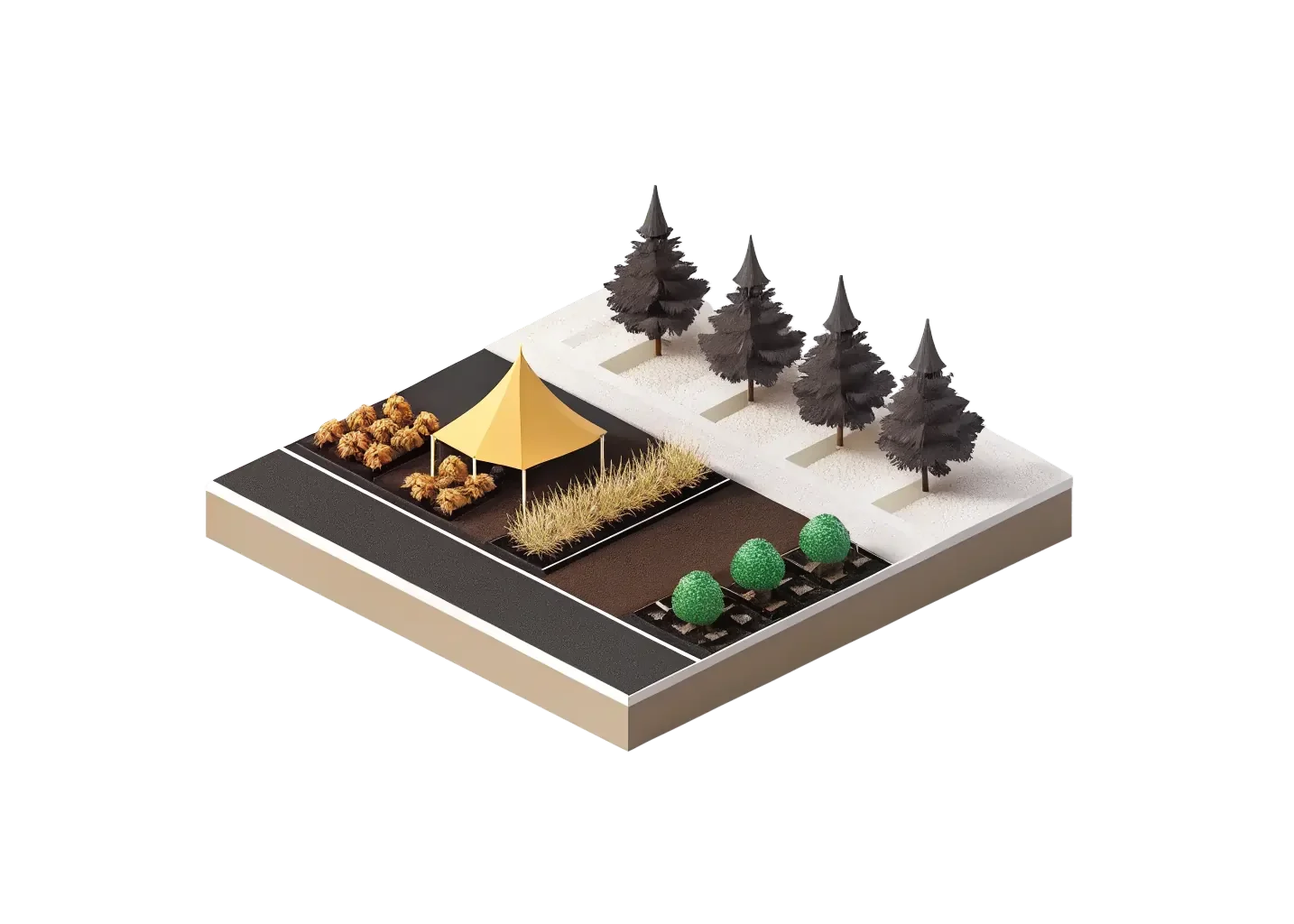 Miniature landscape with a yellow tent, four pine trees, three green bushes, a grassy patch, and a dark brown pathway surrounded by a black and white border.