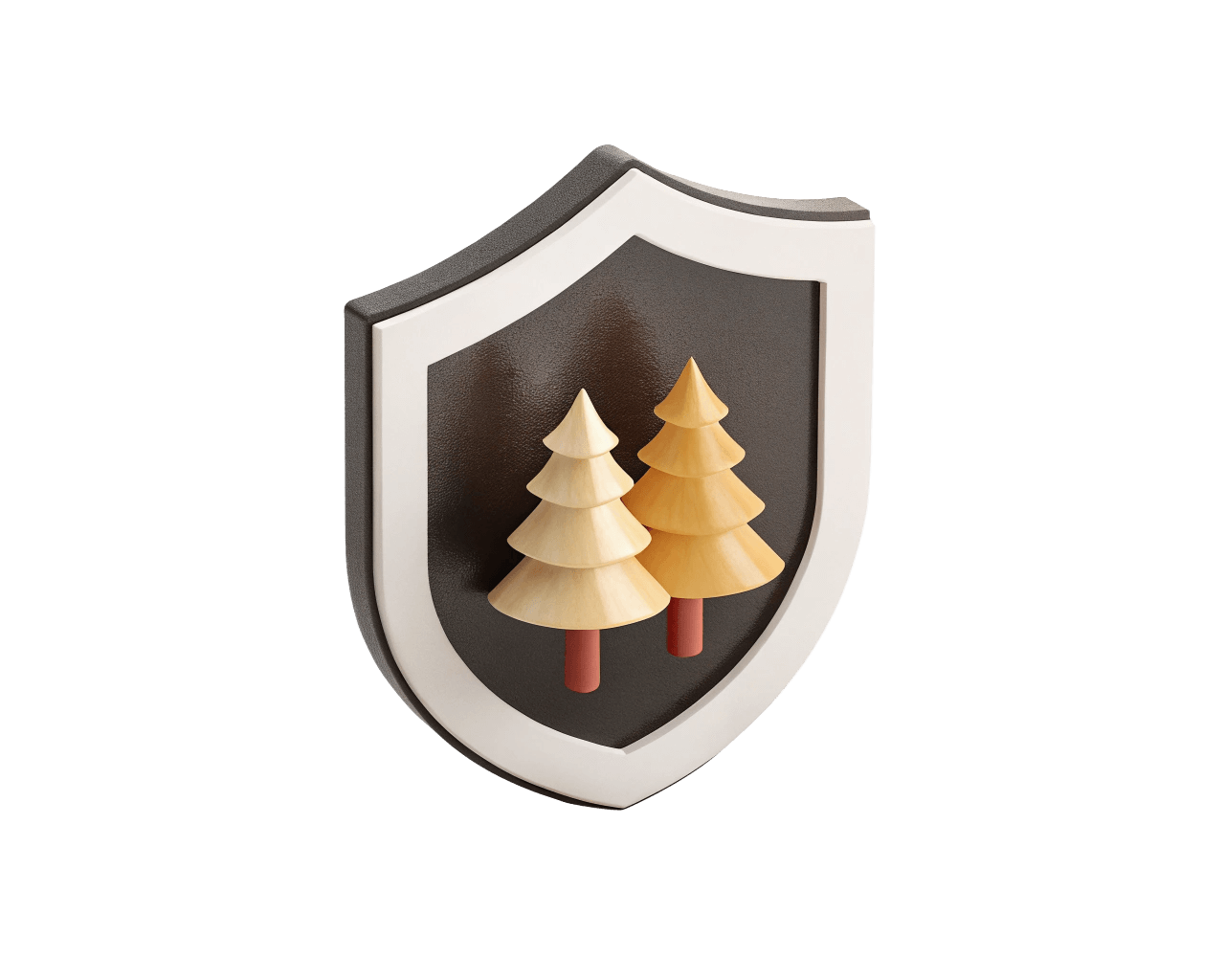 A shield-shaped badge with a black background, white border, featuring two stylized wooden pine trees with red trunks.