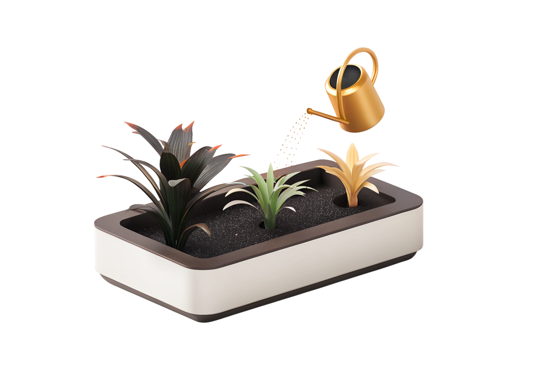 A modern indoor gardening system with three potted plants and a small golden watering can hovering above.