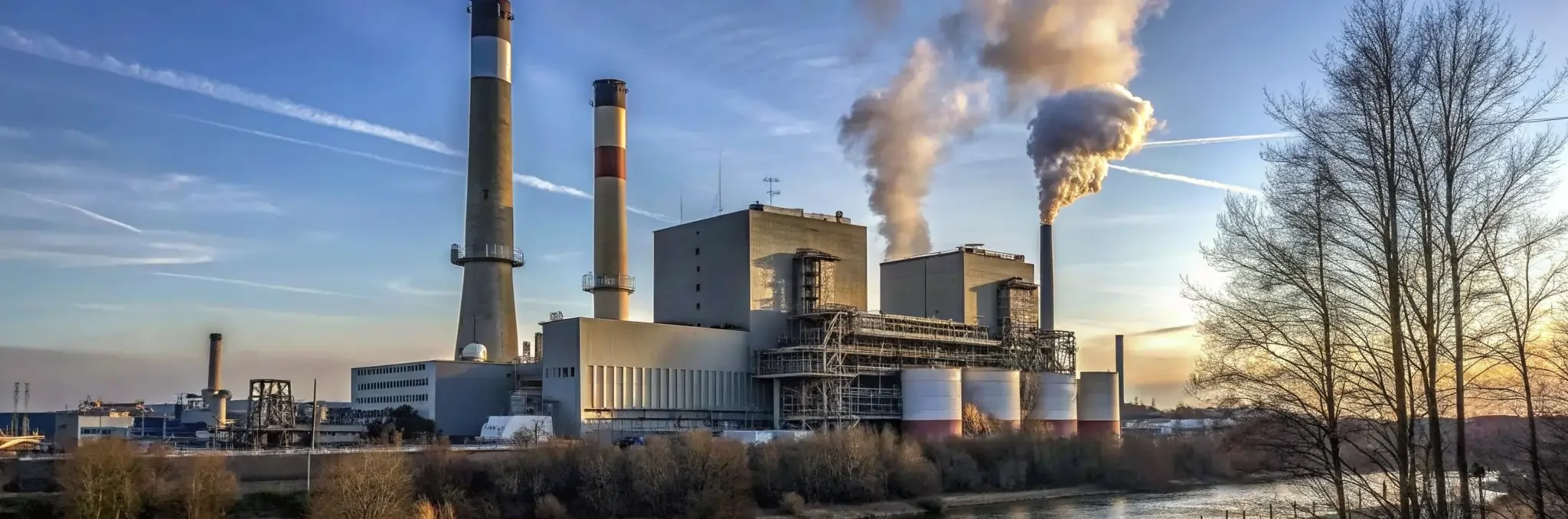 A power plant with multiple smokestacks emitting steam or smoke, situated near a body of water and surrounded by leafless trees, with a sunset or sunrise sky in the background.