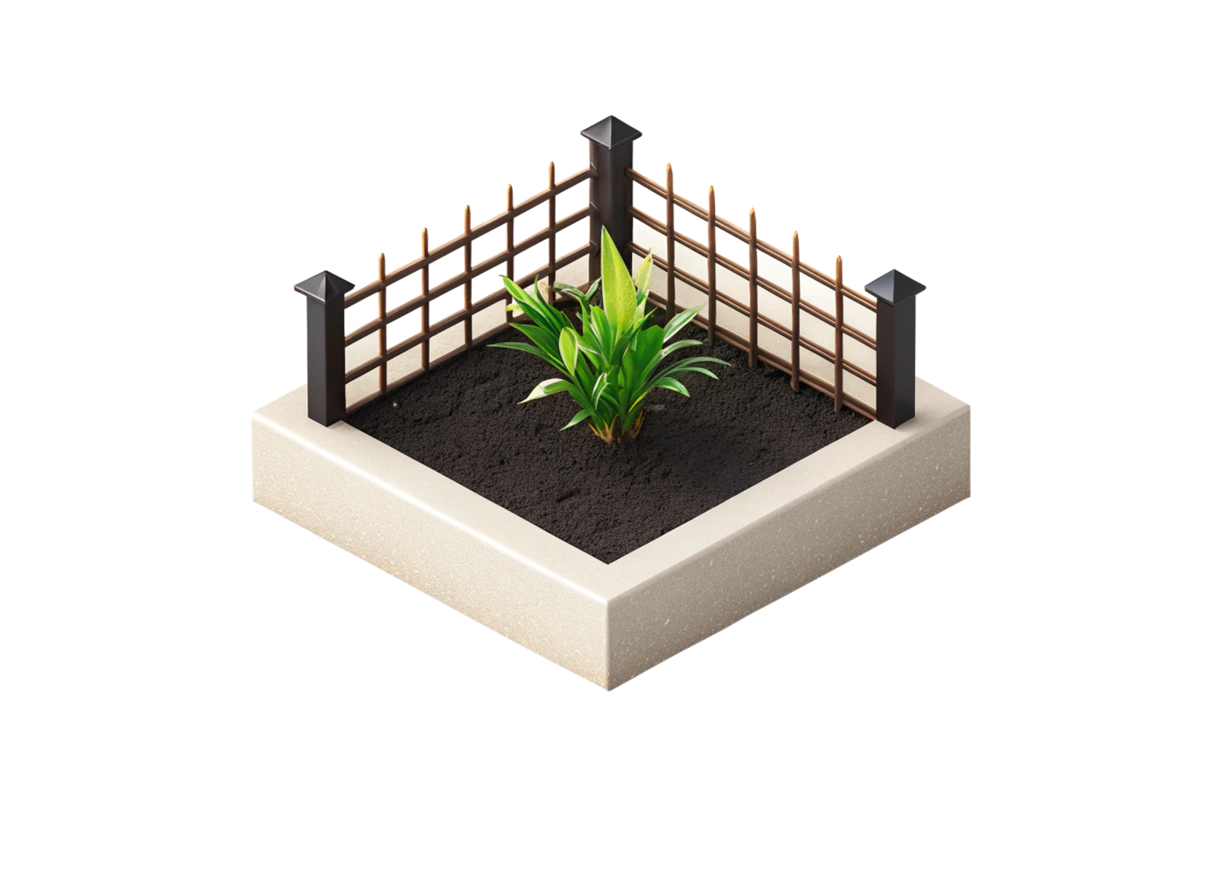 A small potted plant with green leaves inside a rectangular beige planter, surrounded by a miniature decorative fence with dark posts and brown rails.