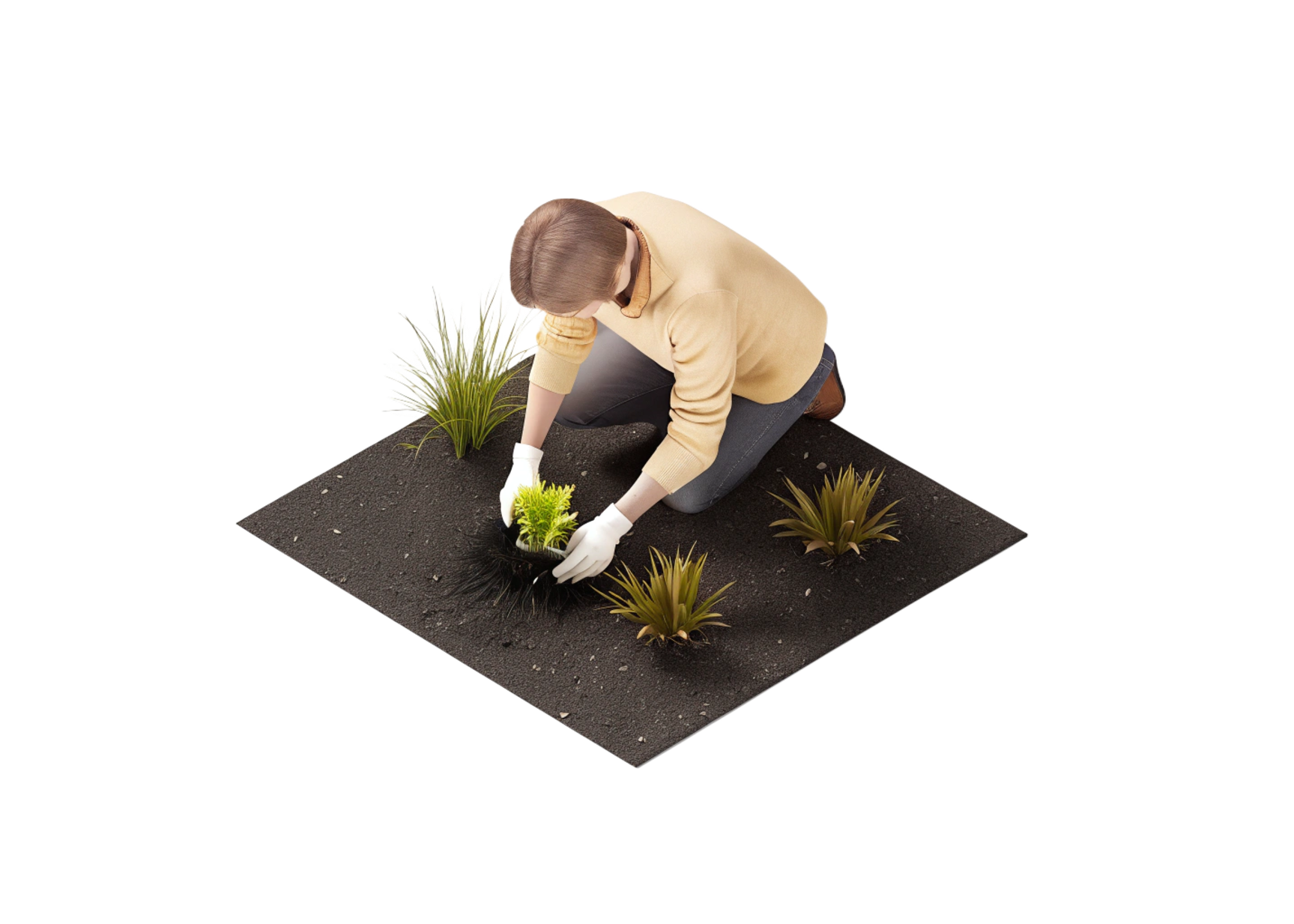 Person kneeling on soil patch planting a small green shrub, surrounded by other plants.