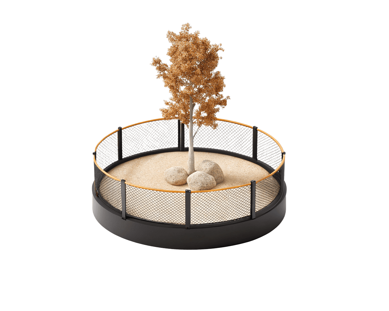 Miniature landscape with a tree, rocks, and sand enclosed by a circular fence.